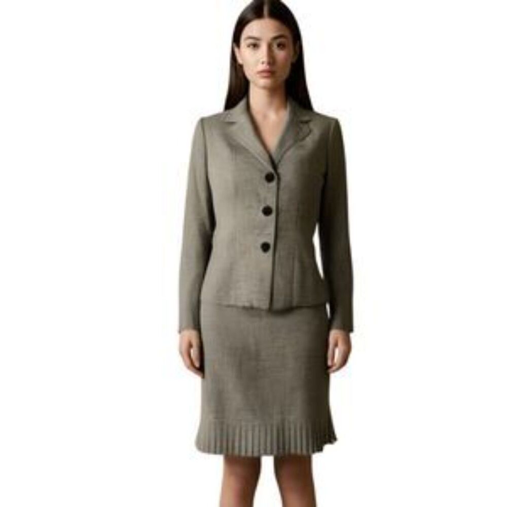 Evan Picone 2-Piece Career Skirt Suit Neutral Beige Three Button Blazer Set 12